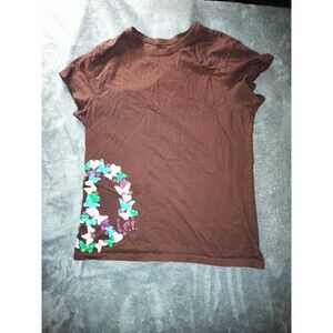 VTG Lei Shirt Womens Size Large Peace Sign Butterflies Brown Short Sleeve Top